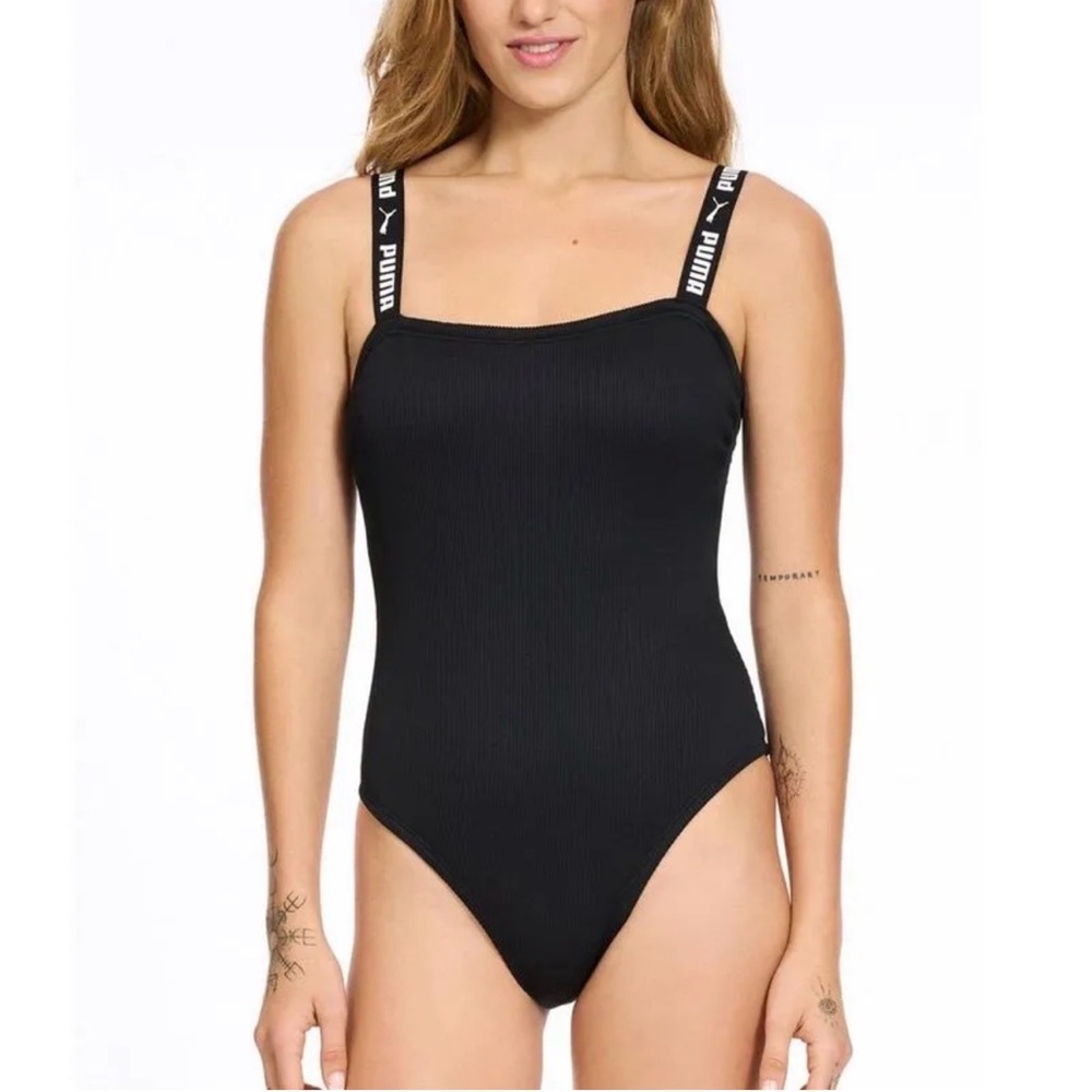 PUMA Black One-Piece Swimsuit Strappy Logo Women’s Size Small